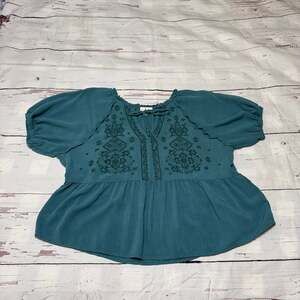 True Craft Teal Embroidered Boho Peasant Top | Size L